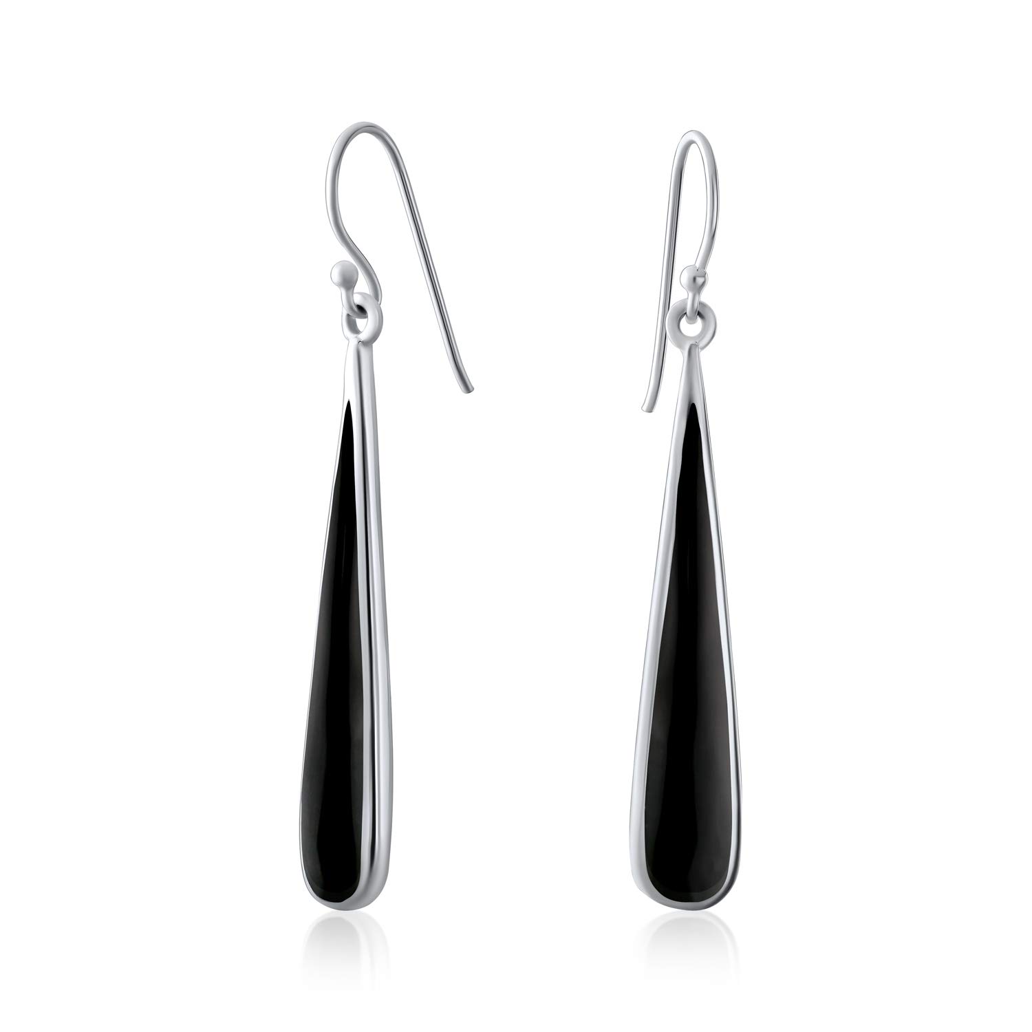 Simplistic Boho Fashion Black Onyx Inlay Long Flat Teardrop Shaped Dangle Earrings For Women Teen .925 Sterling Silver Fish Hook Wire Threader — image 1