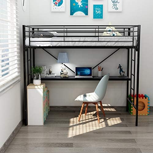 DUMEE Twin Over Loft Metal Bunk Bed with Ladder Beds Bedroom Dorm Black