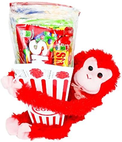 Happy Valentine's Day Movie Night Gift Basket ~ Includes Movie Butter Popcorn, Candy, Adorable Stuffed Hanging Monkey and 2 Free Redbox Movie Rentals with Love Heart Message On It (Mike and Ikes)