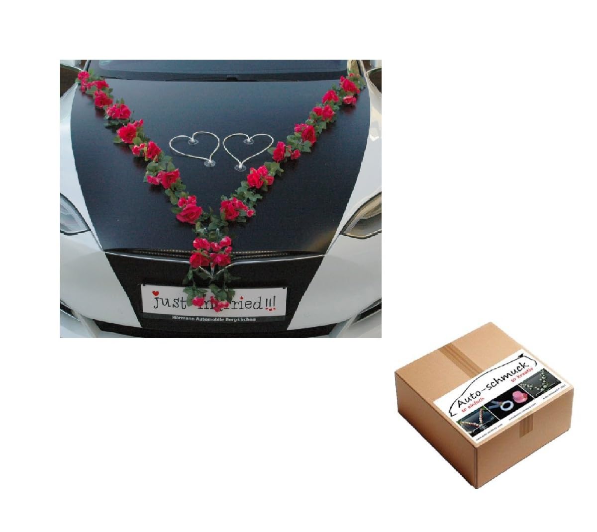 Auto-schmuck so einfach so kreativ VIP Garland 30 Azaleas 30 Roses 18 Extra Strong Suction Cups 2 x 180 cm Garland 4 Door Handle Decorations 2 Rattan Hearts Bride Couple Car Decoration (Pink 2)