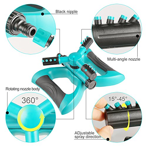 Lawn Sprinkler, Automatic 360Â°Rotating Garden Sprinkler Heads Adjustable Garden Watering Sprinklers with 3600 SQ FT Coverage Lawn Irrigation System Leak Free Design Durable 3 Arm Sprayer for Kids Play