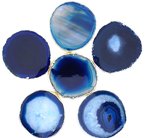 JIC Gem Golden Plated Dyed Blue Agate Coasters, 6 pcs set, 3-4", with Rubber Bumper