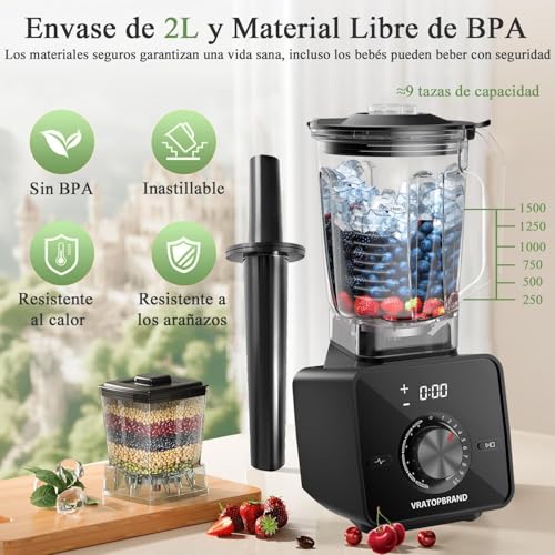 VRATOPBRAND Licuadora Profesional, Licuadora Autolimpiable con Vaso de 2L Apta para Lavavajillas, 10 Velocidades Ajustables, 6 Funciones (Modelo 107 de 1400W)