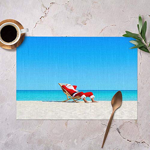 Mugod Santa Claus Placemats Christmas Santa Claus Relaxing on Sunlounger at Ocean Sandy Tropical Beach Decorative Heat Resistant Non-Slip Washable Place Mats for Kitchen Table Mats Set of 4 12"x18"