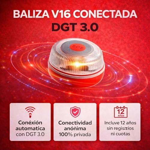 Baliza V16 Homologada DGT con Geolocalizador | Luz de Emergencia Coche Certificada DGT 3.0 | 12 Años Conectividad - V16 Homologada 2026- Compatible con la app SOSCar