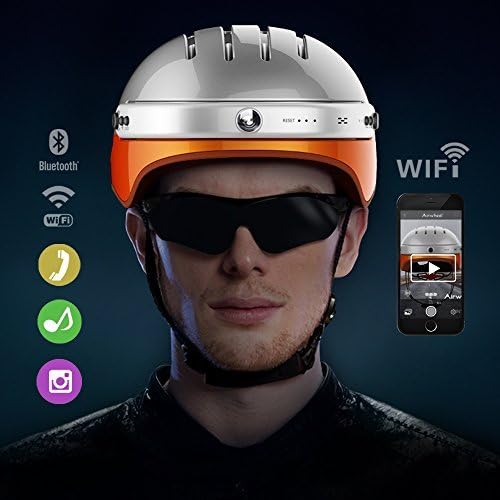 Airwheel C5 Cycling or Skateboarding Helmet with Front Camera and Bluetooth Speaker for Men and Women (White and Orange, Large)