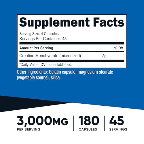 Nutricost Creatine Monohydrate 3,000mg, 180 Capsules (750mg Per Capsule) | Gluten Free, GMO-Free