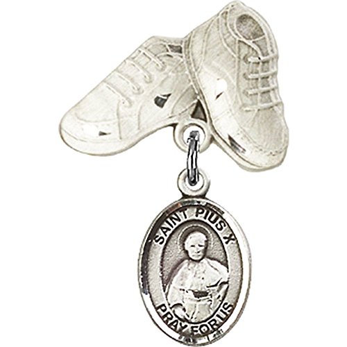 Sterling Silver Baby Badge with St. Pius X Charm and Baby Boots Pin 1 X 5/8 inches