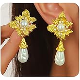 Chunky Flower Pearl Drop Dangle Earrings for Women,Vintage Teardrop Pearl Statement Dangling Earrings,Charming Dainty Jewelry Accessories Gifts