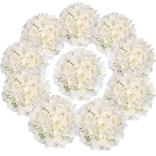 Flojery Silk Hydrangea Heads Artificial Flowers Heads with Stems for Home Wedding Decor,Pack of 10 (Off-White) - Thumbnail 6