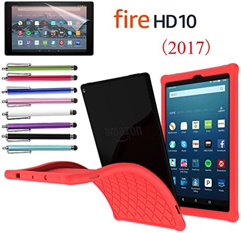 EpicGadget Amazon Fire HD 10" Case (2017), Anti slip Soft Silicon Rubber Gel cover Case For 7th Gen Fire HD 10 + 1 Amazon HD 10 Screen Protector and 1 Stylus (Red)