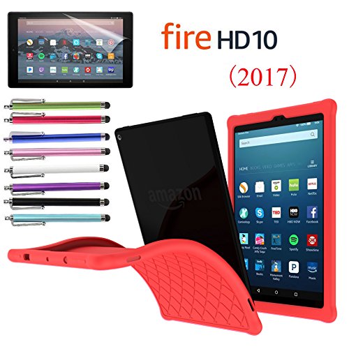EpicGadget Amazon Fire HD 10" Case (2017), Anti slip Soft Silicon Rubber Gel cover Case For 7th Gen Fire HD 10 + 1 Amazon HD 10 Screen Protector and 1 Stylus (Red)