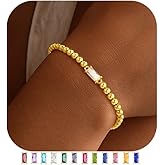 Yoosteel Dainty Birthstone Bracelet for Women - Elastic 14K-Gold-Plated Bead Bracelets Trendy Friendship Birthday Jewelry Gifts Christmas Stuff for Teen Girls Women