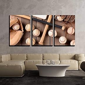3 Piece Canvas Wall Art - Baseball Equipment on a Rustic Wood Surface - Modern Home Art Stretched and Framed Ready to Hang - 16"x24"x3 Panels