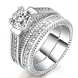Women's Wedding Engagement Ring Sets for Bridal 18K White Gold Plated Princess Cut Eternity Solitaire CZ Crystal Best Anniversary Promise Rings Size 6-10
