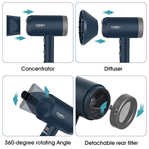 CONFU 1800W Hair Dryer, Ionic Hair Blow Dryer, Lightweight Hair Dryers with Cool Shot Button & Diffuser & Concentrator for Travel Salon Home Use, Dark Blue
