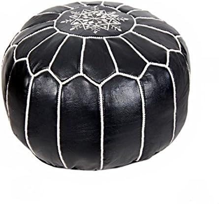 Moroccan Leather Pouf Ottoman Footstool (Leather) Genuine Hand-Stitched Seating | Living Room, Bedroom, Sitting Area | Black White | Exclusive Designs