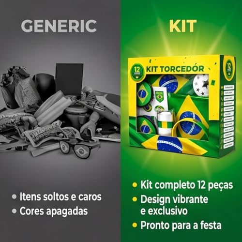 Kit Torcedor Brasil Copa 2026 12 Peças – Fantasia Completa com Faixa Cabeça, Óculos, Bandeira 150x90cm, Bastões Infláveis, Corneta, Tinta Facial e Lança Confete – Festa Churrasco Premium
