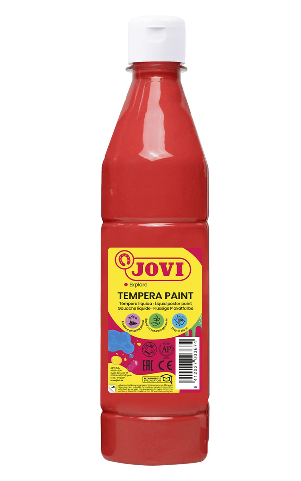 Jovi - Liquid Gouache, 500ml Bottle, Vermilion, Paint Based on Natural Ingredients, Easy to wash Off, Gluten Free, Ideal for School use (50607)