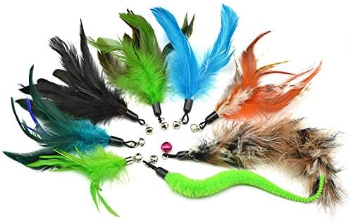 jkshop 8-Pack Multi Piece Replacement Colorful Feathers Pack Plus Bonus Soft Furry Tail for Interactive Cat and Kitten Toy Wands