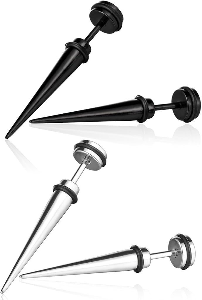 Yumilok Jewelry 4 Pcs Mens Womens Stainless Steel Spike Stud Earrings Tapers Fake Plugs Ear Stretchers, 2 works(Black, Silver)