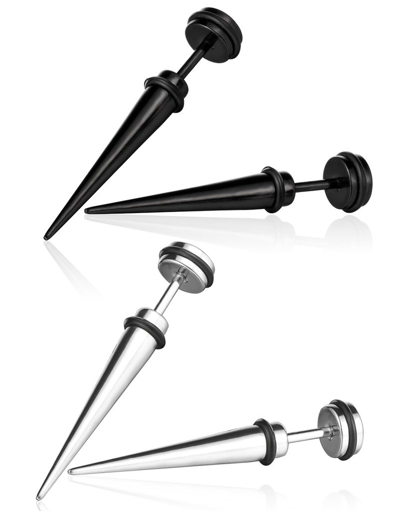 Yumilok Jewelry 4 Pcs Mens Womens Stainless Steel Spike Stud Earrings Tapers Fake Plugs Ear Stretchers, 2 Pairs(Black, Silver)