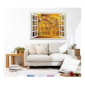 Removable Wall Sticker/Wall Mural -Autumn View with Yellow Trees Out of The Open Window Creative Wall Decor - 24"x32"