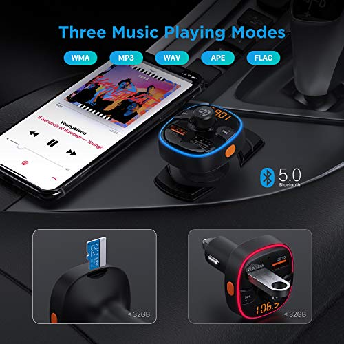 Wireless Bluetooth 5.0 Audio Adapter and Receiver,FM Transmitter for Car with Dual USB QC 3.0 Fast Charge,7 Color LED Backlit,Support USB Flash Drive/TF Card and Hands Free Calling