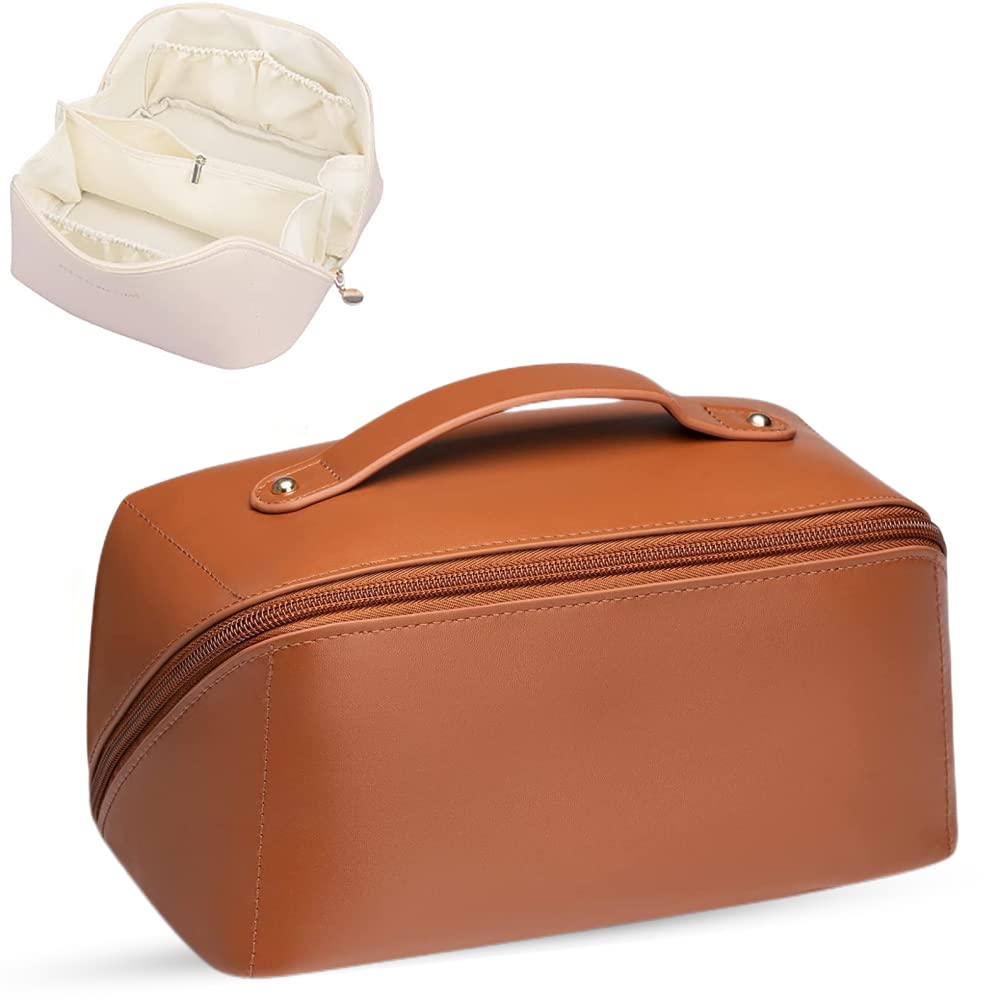 Large Travel Cosmetic Bag Cosmetic Organizer High Capacity Makeup Bag Storage Pouch PU Leather Makeup Box for Women Girls (Brown)