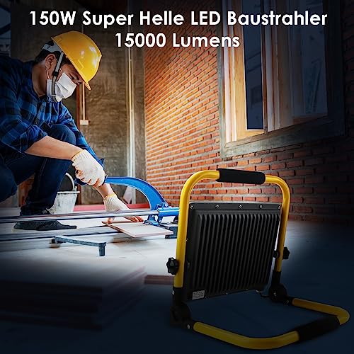 OUSIDE 150 W LED Construction Spotlight with Tripod and 4 m Cable, IP66 Waterproof Work Light with Schuko Plug for Workshop, Maintenance or Construction Site, 6500 K Cool White Light, 15000 Lumen