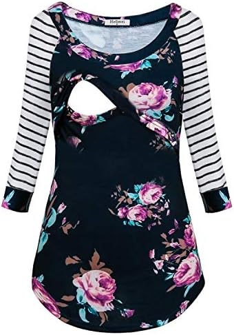 Hellmei Clothes for Nursing, Womens Round Neck Front Pleated Lovely Maternity Dress for Breastfeeding Swing Layering Stripe Contrast Color Cute Postpartum Outfit (Dark Blue,2XL)