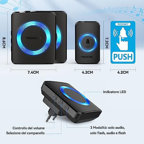 TeckNet Wireless Doorbell, Portable Wireless Doorbell, 60 Ringtones, LED Indicators, 400 M Operating at Large Distance, 5 Selectable Volumes (1 x Transmitter and 2 x Receiver)