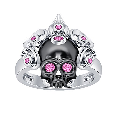 14K White Gold Plated Round Cut Created Pink Sapphire Black Skull Women Men Engagement Wedding Ring-Fashion