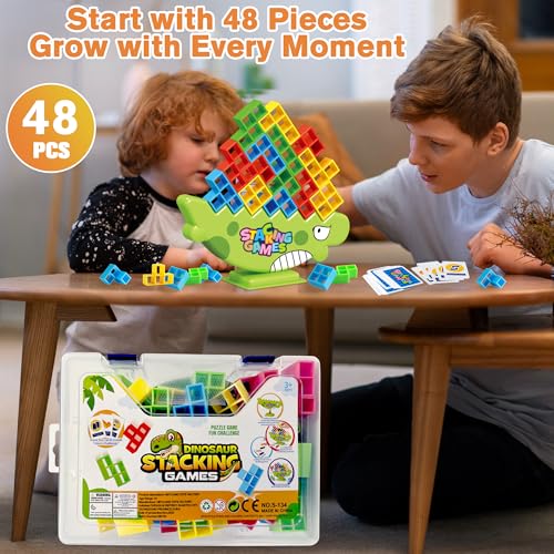 Lktvys 48PCS Dinosaur Stack Attack Balance Game – Portable Carry Box, Exciting Fun for Kids Ages 3-8 & Adults, Perfect for Family Bonding and Challenging Team Play