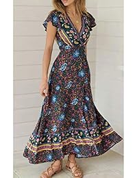 MEROKEETY Vestido de verano para mujer, con estampado floral, cuello en V, manga corta, para fiesta en la playa