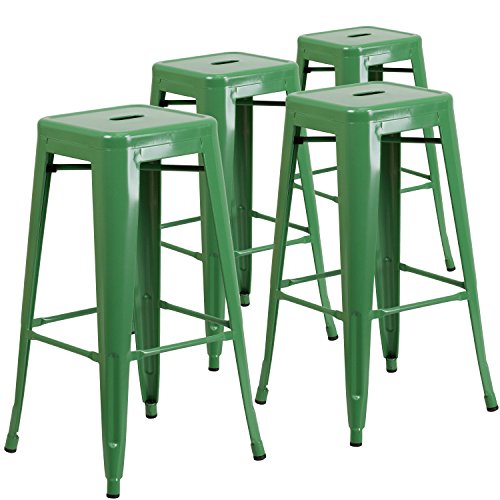Flash Furniture 4 Pk. 30   High Backless Green Metal Indoor-Outdoor Barstool with Square Seat
