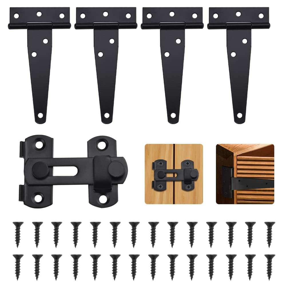 LYTIVAGEN 4 Pcs Heavy Duty T Hinges, 4inch Tee Shed Hinge Black T-Strap Gate Hinges Rustproof Metal Tee Hinge with 1Pcs Stainless Steel Door Catch for Wooden Sheds Windows Fence Barn Gates