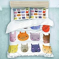 SUHOM Duvet Cover Set Cat Queen Flannel Blanket Cute Watercolor Effect Cat Heads in Colorful Humor Fun Purring Meow Animal Kids Artsy Print Decorative 3 Piece Bedding Set with 2 Pillow Shams Twin