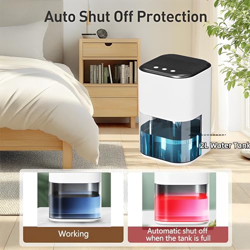 Beauenty Home Dehumidifier, 2L Water Tank, Quiet, 7 Color LED Light, Auto Off, Bedroom, Bathroom, RV, Closet