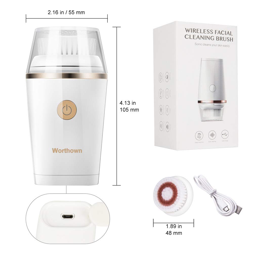 Worthown Facial Cleaning Brush Face Scrubber Electric Rechargeable Face Spin Brush Waterproof Deep Cleansing Face Brush for Cleaning and Exfoliating Pore Cleaner with 2 Brush Heads Replacement (White)