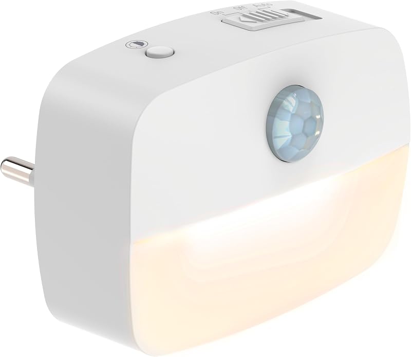 Nachtlicht mit Bewegungsmelder und Dämmerungsfunktion, LED Lampe Steckdose, dimmbar kindersicher und energiesparend, Schlaflicht für Kinder, Babys oder Schlafzimmer mit 3 Helligkeitsstufen