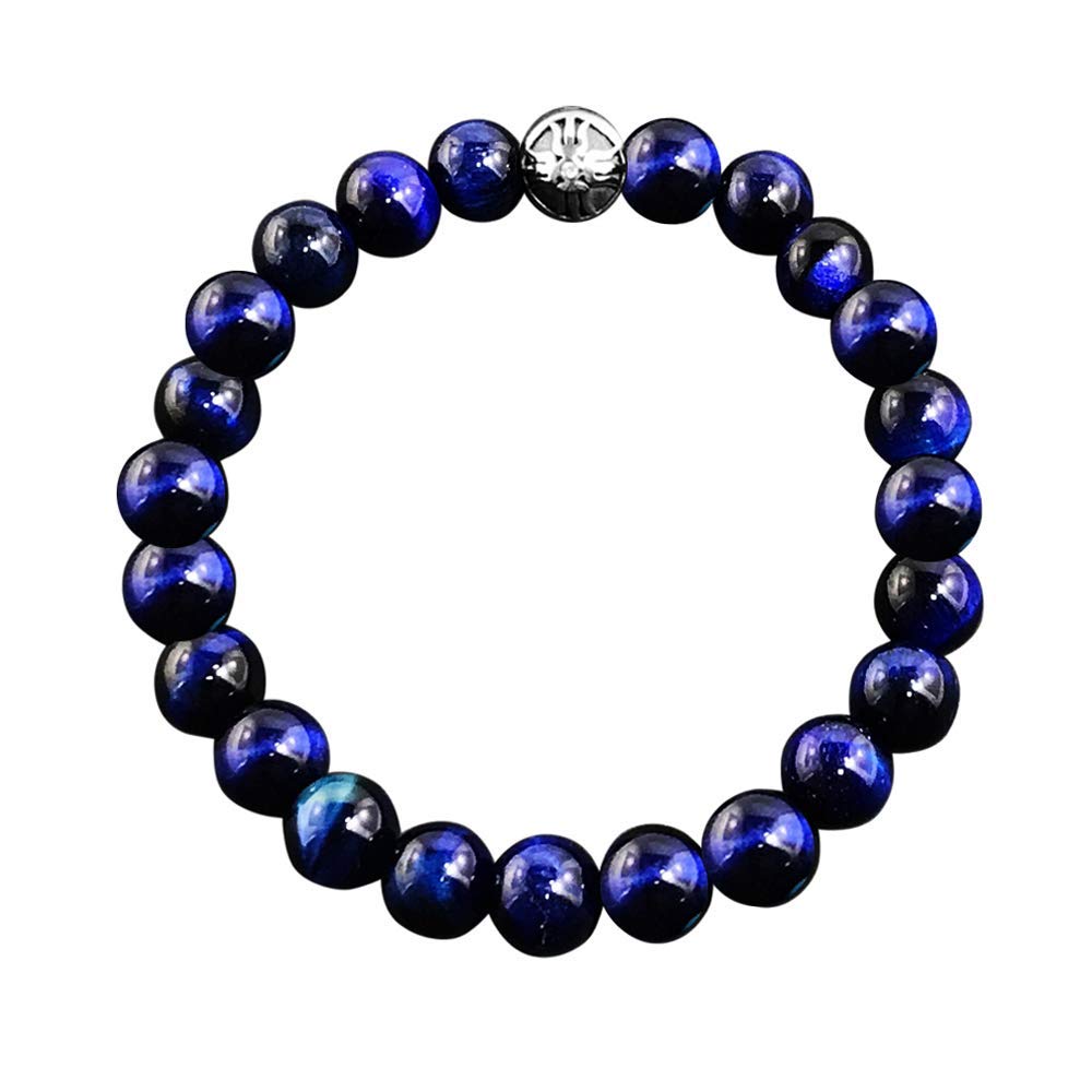 Forziani 8mm Spiritual Beads Blue Tiger Eye Bracelet for Men - Natural Stone and Trident Symbol Beaded Bracelet - Confidence and Strength- Made in USA - Meaningful for Men
