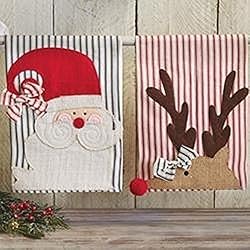 See Set of 2 Mud Pie Christmas Cotton Ticking Hand Towels Holiday SANTA & REINDEER Details