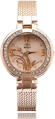 Women Wrist Watch Crystal Accented Watch Flower-Plated Dial Ultra Thin Quartz Watch Bracelet Ladies Watch Rose Gold