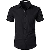 ZEROYAA Men's Fitted Cotton Like Linen Casual Short Sleeve Button Up Shirts Lightweight Beach Tops with Pocket