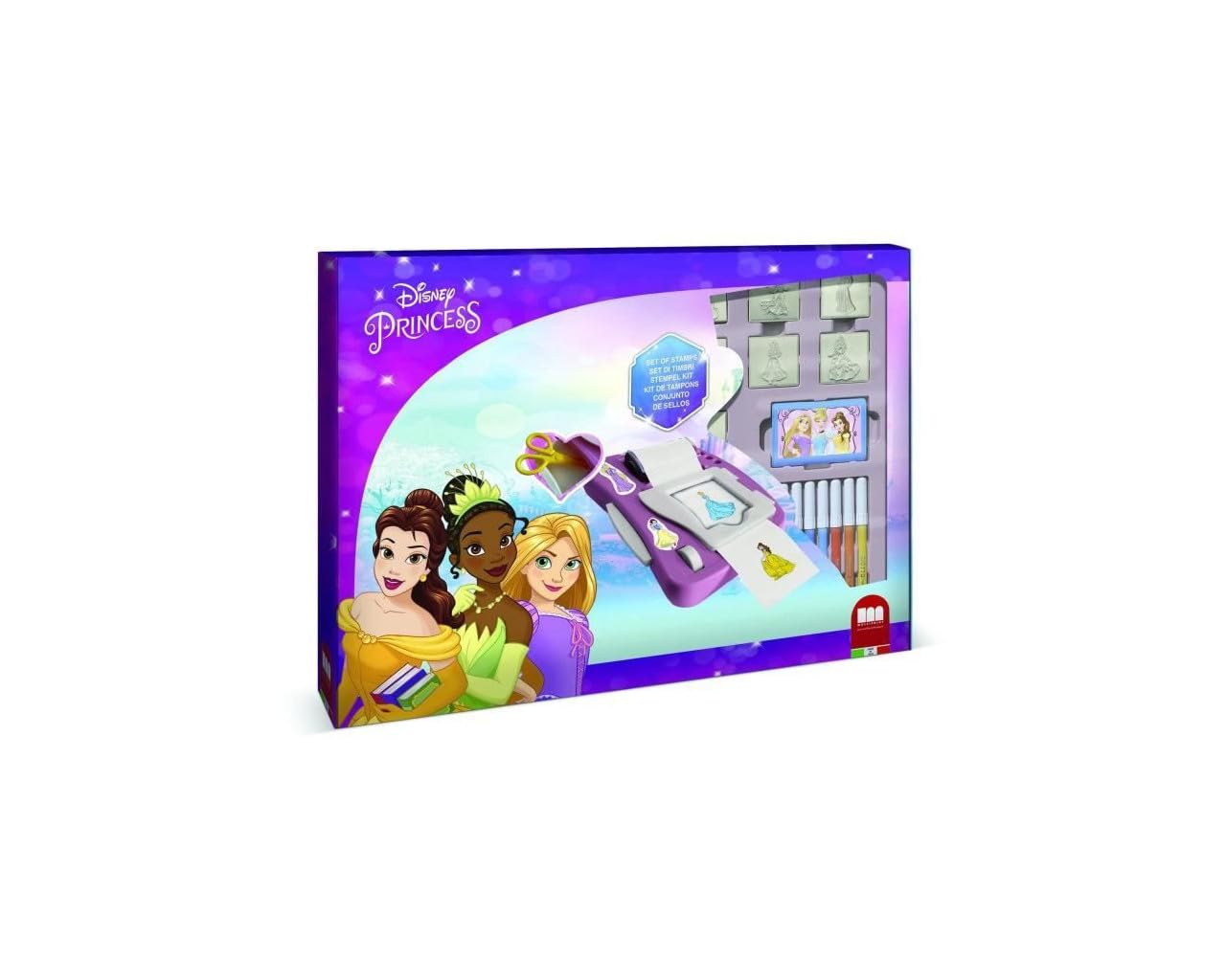 Multiprint Stickers Machine Disney Princess, Made in Italy, 7 Stamps, Album with Pens, Stamps for Children, in Wood and Natural Rubber, Non-toxic Washable Ink, Gift Idea, art.08660