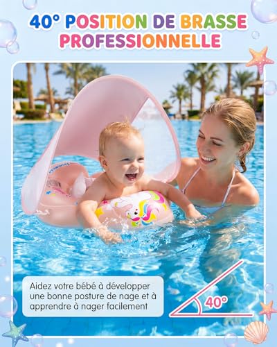 Baby Swim Ring with Removable Canopy UPF 50+, Adjustable Baby Float, Inflatable Swimming Pool, Safety Seat, Sun Protection, Waterproof, Anti-Turn, Non-Toxic, 3-36 Months
