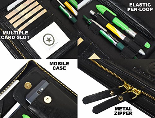 Zippered Genuine Leather Business Portfolio |Easy to Carry Organizer With Writing Pad Holder, Business Card And Pen Slots. IPAD Holder And Flip-Closure Phone Pocket,Black by Aaron Leather (W/o Handle) - Thumbnail 6