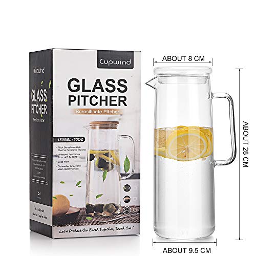 Cupwind Borosilicate Glass Water Carafe Pitcher with Infuser Lid Explosion-Proof Heat Resistance 50 oz