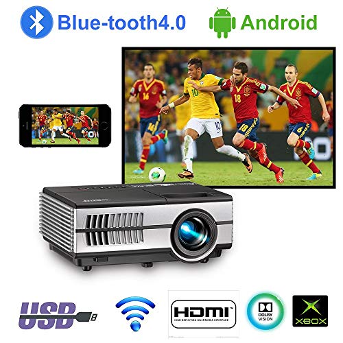Portable Smart LCD Video Projectors with Wifi Bluetooth HDMI USB, Small Home Wireless Projector with Bluetooth Android OS Apps, Mobile Outdoor Movie Projector for iPhone Mac iPad Xbox PS4 DVD TV